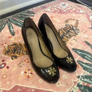 Tory Burch Black Patent Leather Peep-Toe Heels